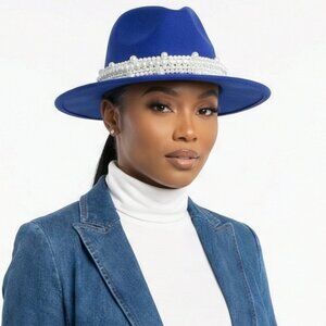 New Style Royal Blue Fashion Fedora Jazz Hat with Wide Pearl Belt